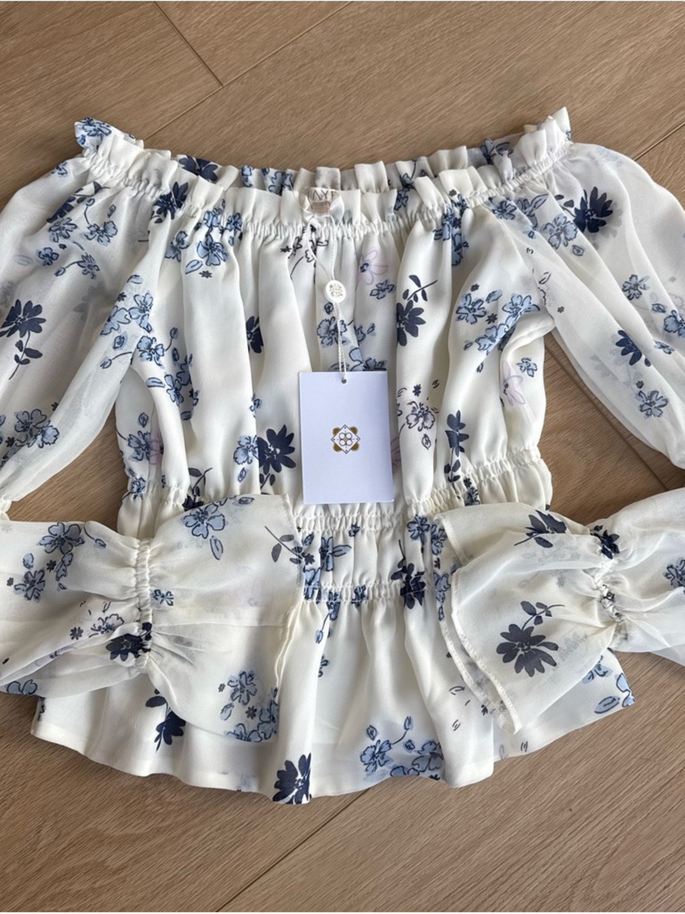 Wayf Cream Off-Shoulder Navy Floral Blouse